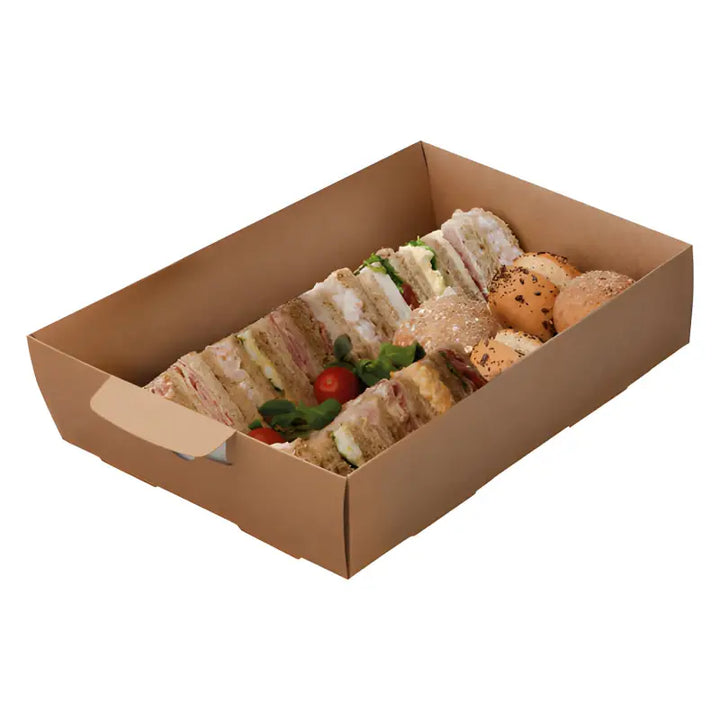 Medium Cardboard Platter Box filled with sandwiches, pastries, and vegetables