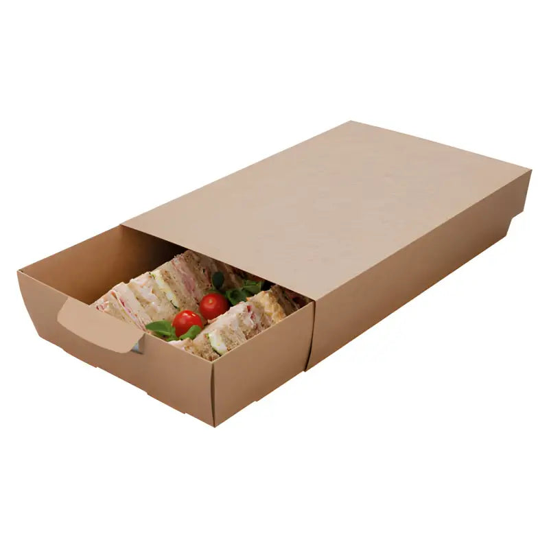 Cardboard platter box filled with sandwiches and vegetables for easy serving