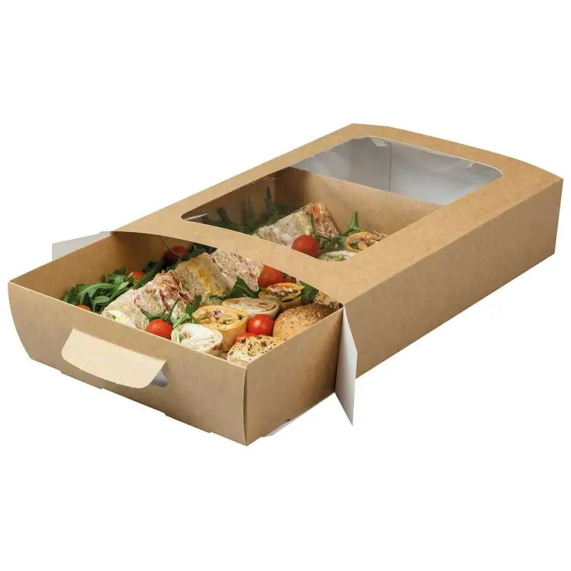 Cardboard catering box with sandwiches and salads in Medium Cardboard Platter Box