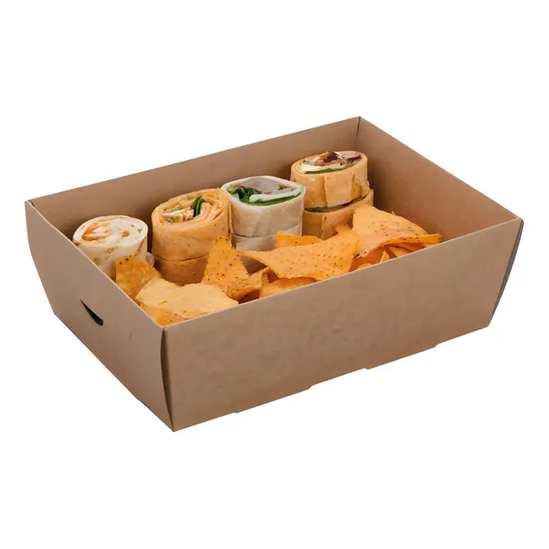 Cardboard platter box filled with wrapped sandwiches and tortilla chips for medium serving