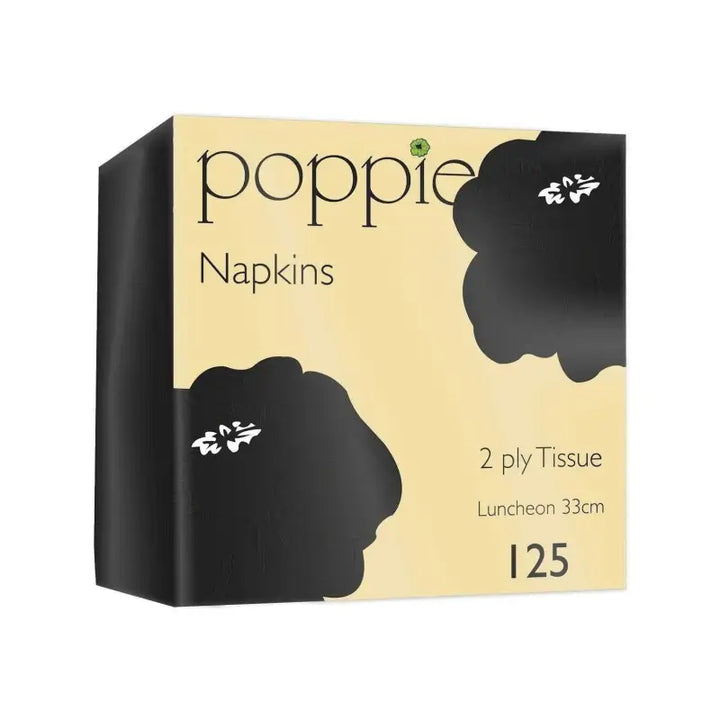 Box of Poppies cocktail napkins in cream with black floral design, 2ply tissue quality