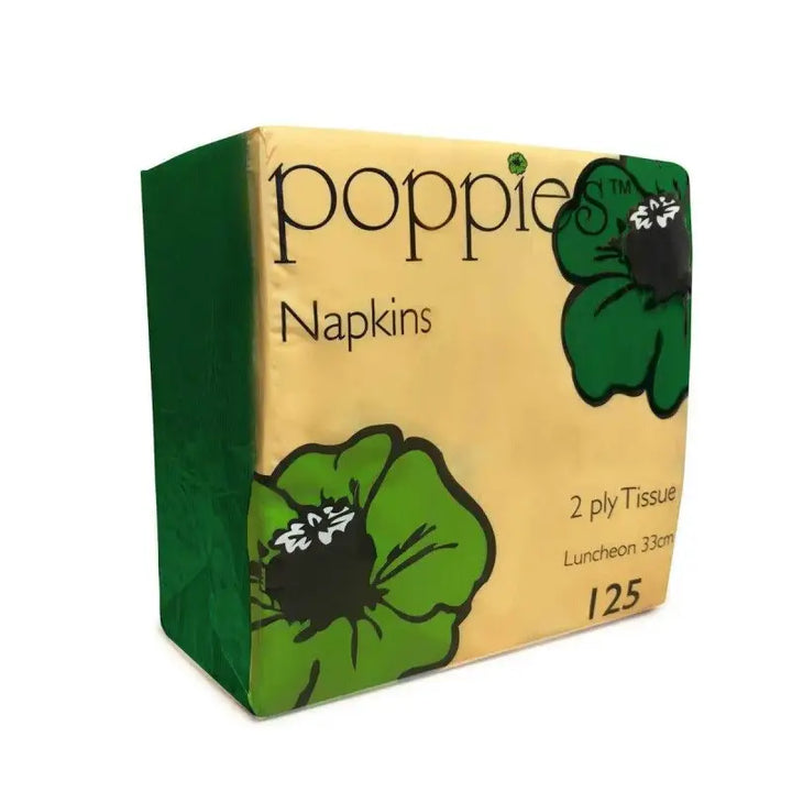 Box of Poppies 2ply tissue napkins with green floral design for cocktail use