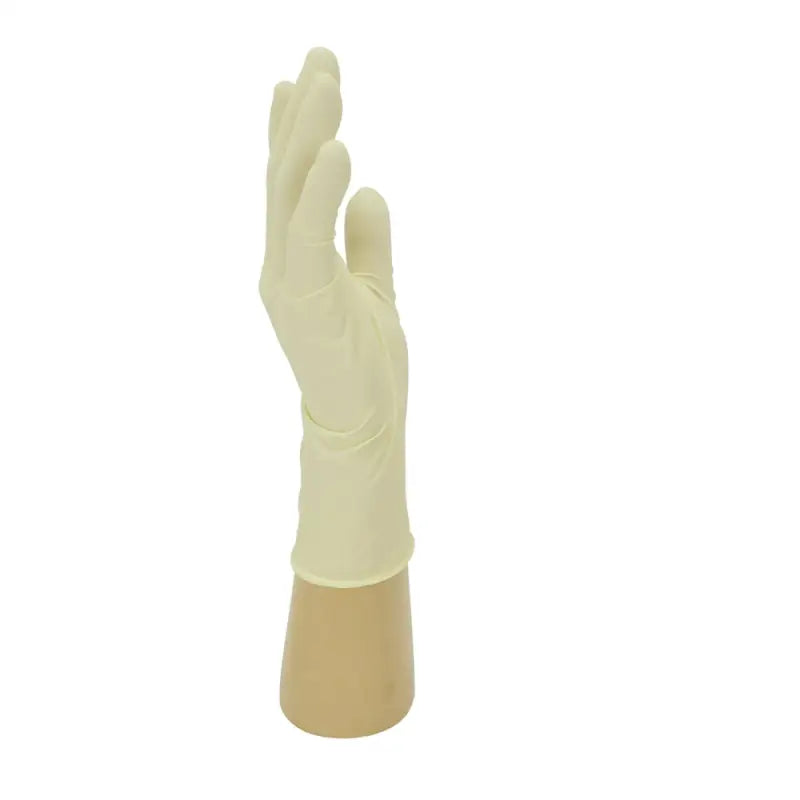 Natural Latex Powdered Disposable Glove Shield GD45 on a hand-shaped display stand