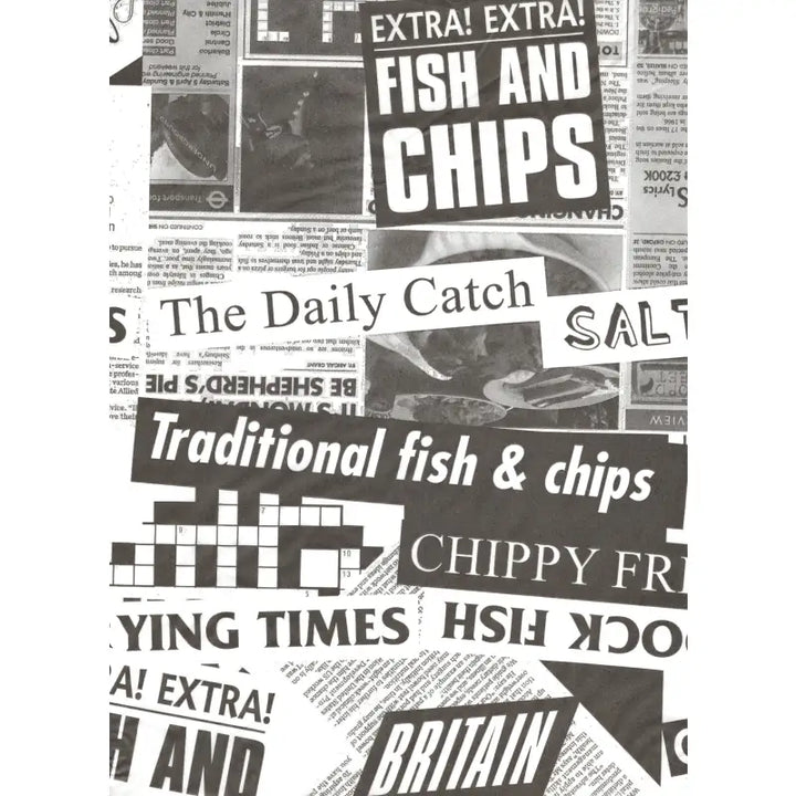 Collage of newspaper clippings about fish and chips on newsprint greaseproof paper