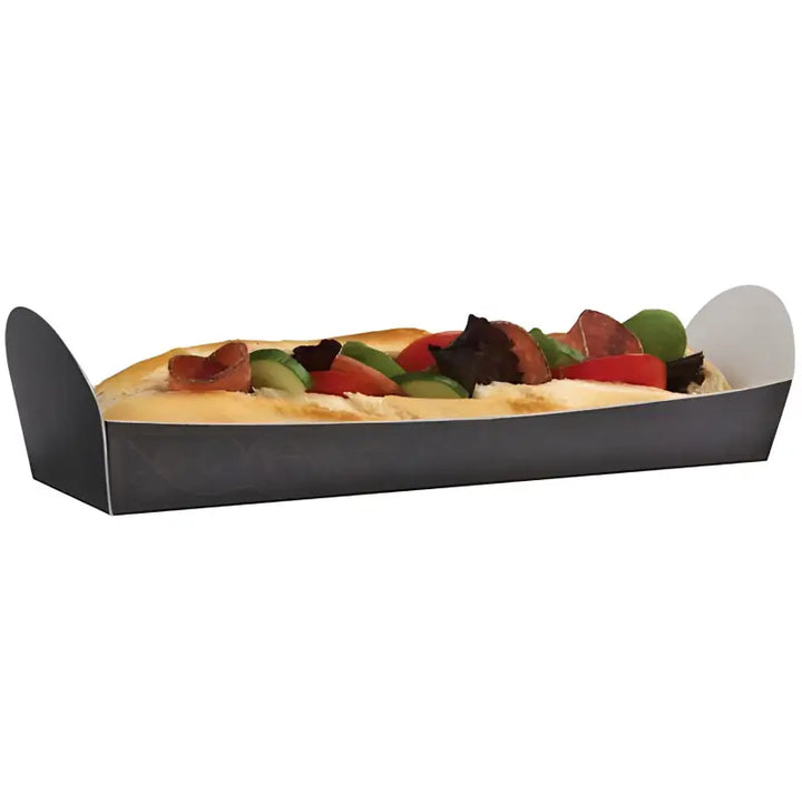 Black cardboard food tray filled with nachos and toppings for Open Baguette Trays UK