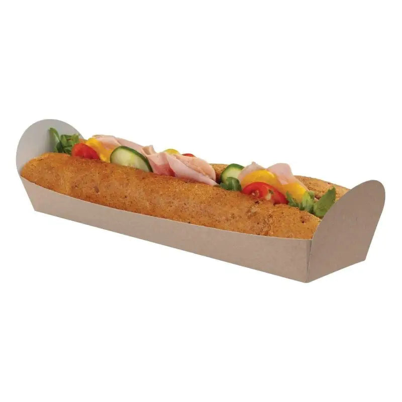 Delicious submarine sandwich in open baguette tray filled with meats and vegetables