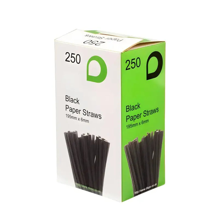 Box of 250 black paper straws 200mm x 6mm for eco-friendly sipping options