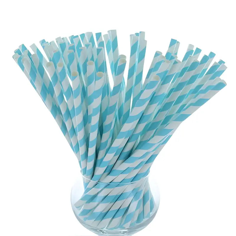 Striped light blue and white paper straws 200mm x 6mm in a glass container