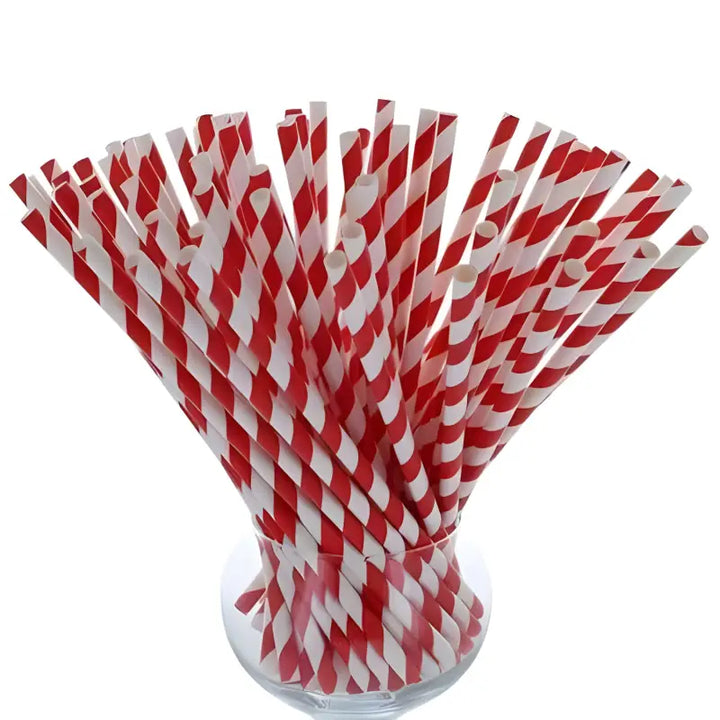 Red and white striped paper straws 200mm x 6mm bundled in a clear container