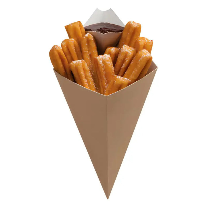 Paperboard chip cone filled with churros and chocolate dipping sauce for delicious snacks