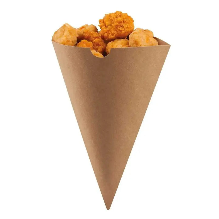 Cone-shaped paperboard chip filled with delicious fried chicken pieces for food cones