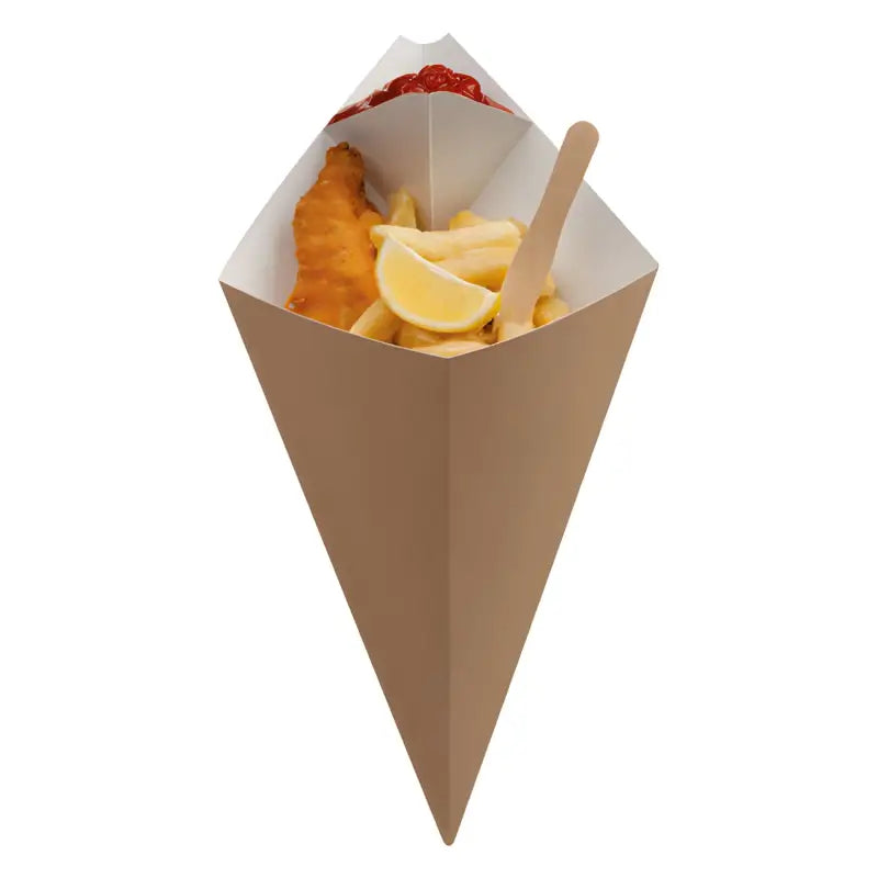 Cone-shaped paperboard chip food cone filled with crispy French fries and lemon wedges