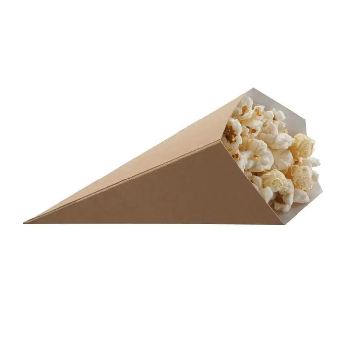 Cone-shaped paperboard chip food cone filled with delicious popcorn for snacks