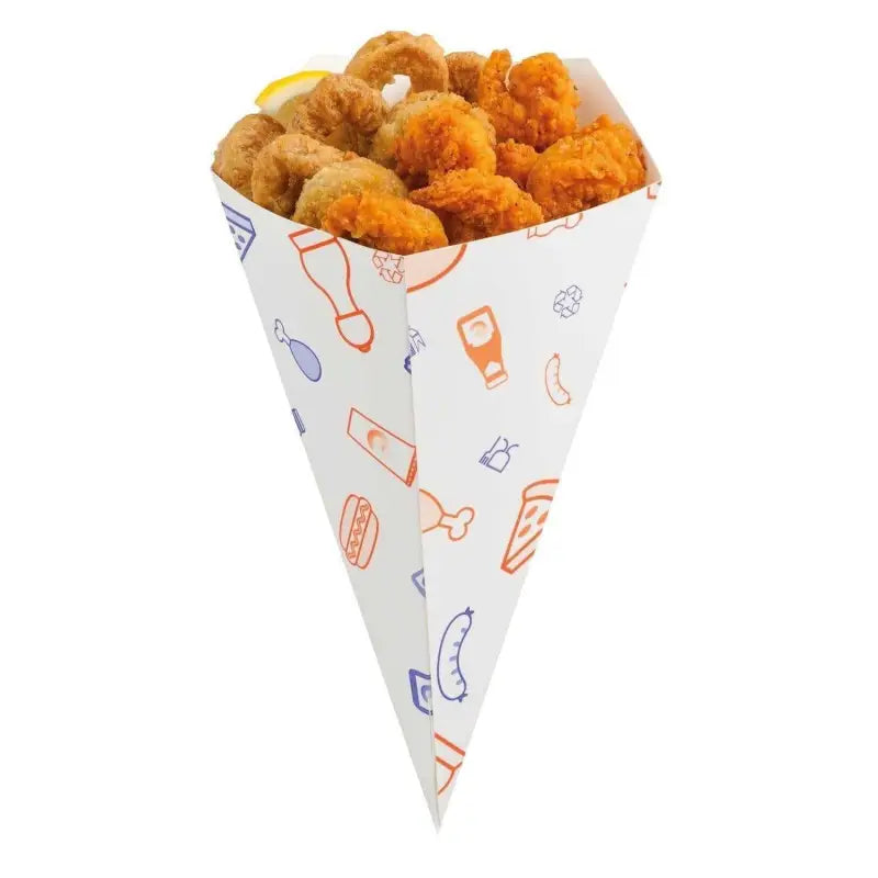 Paperboard chip cone filled with fried seafood and chicken pieces from Food Cones UK