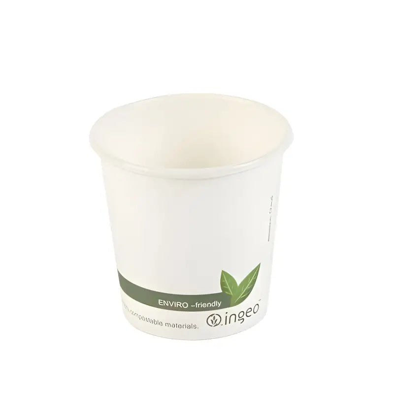 White disposable cup with green leaf design and Ingeo branding for compostable hot drink use