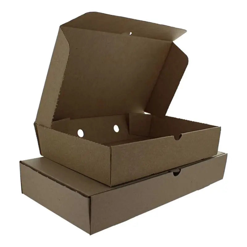 Plain brown fish and chips boxes stacked, featuring an open and closed design