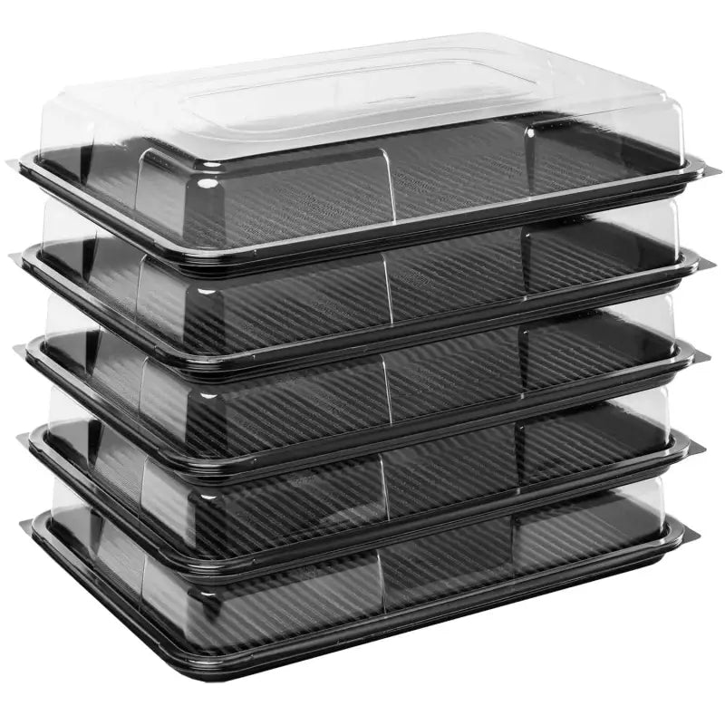 Stack of five food grade trays with clear lids for Premium Large Sandwich Platter