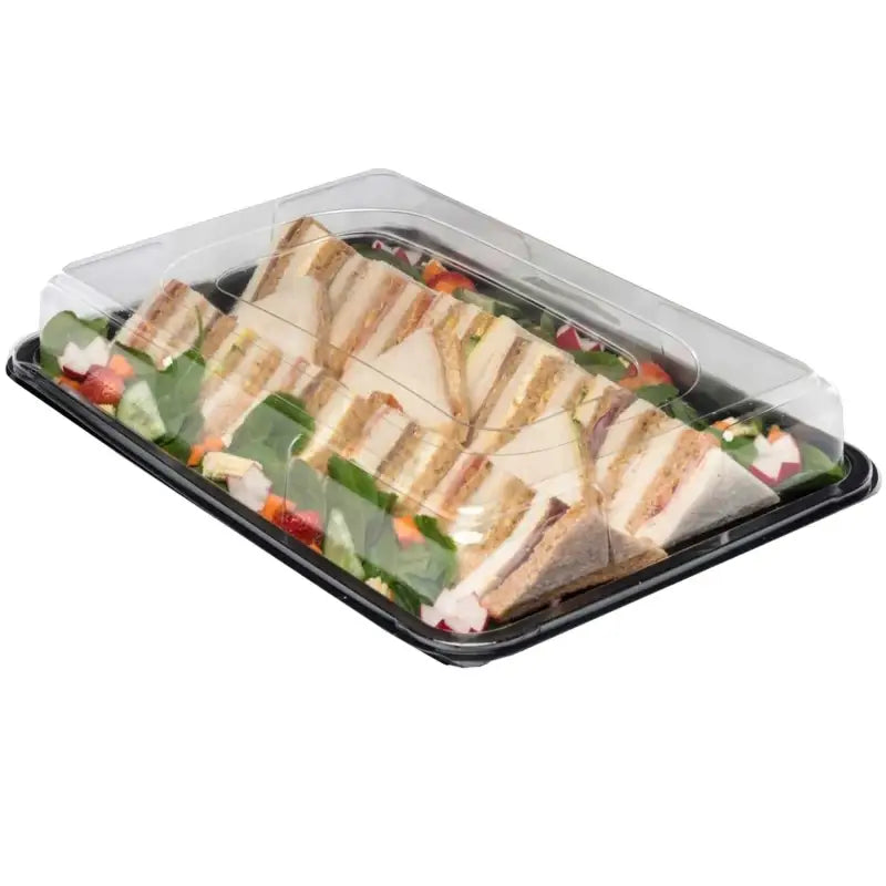 Premium large sandwich platter with triangular vegetable sandwiches in a food grade container