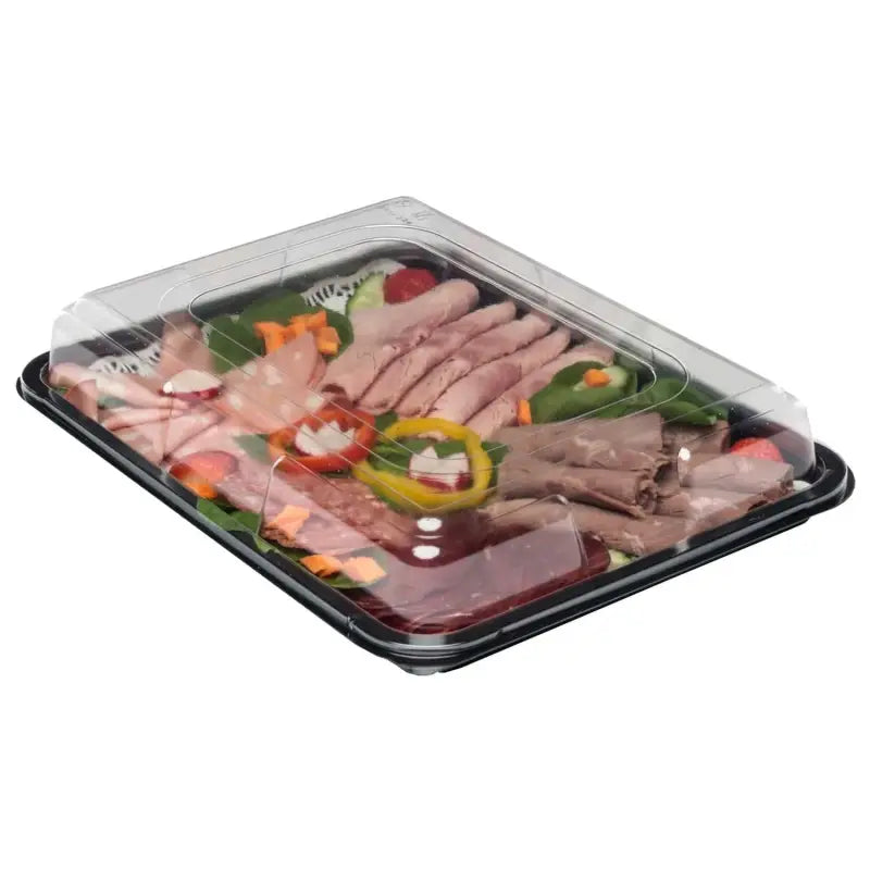 Premium Medium Sandwich Platter Base with Lid featuring deli meats and vegetables