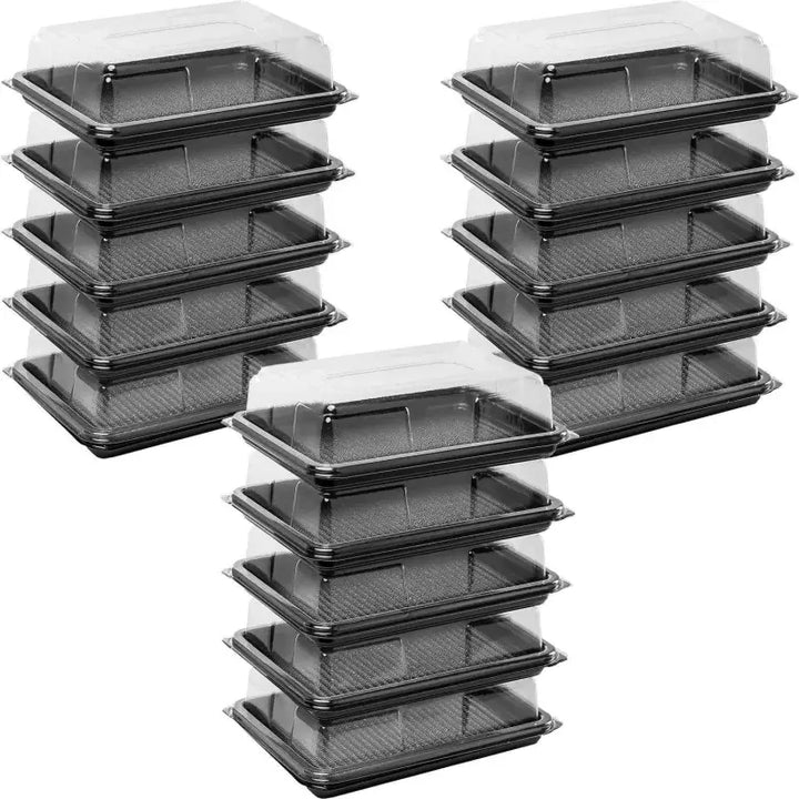 Stacks of food grade black plastic mini platter bases with clear lids for premium mini sandwiches