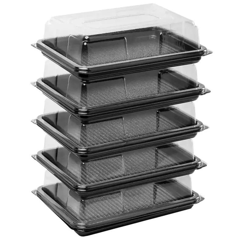 Stack of five black food grade Premium Mini Platter Bases with clear lids