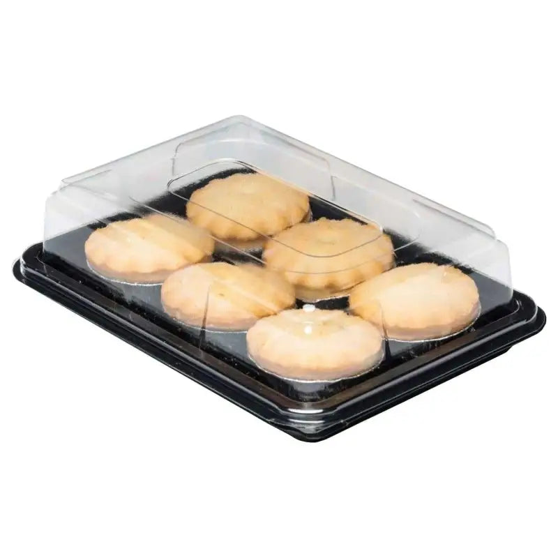 Plastic container with clear lid holding six hamburger buns for premium mini platter bases