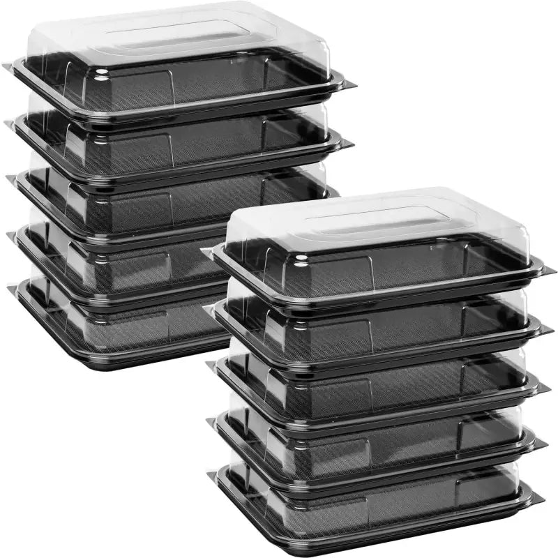 Stack of Premium Small Sandwich Platter Bases with clear lids, food-grade plastic containers