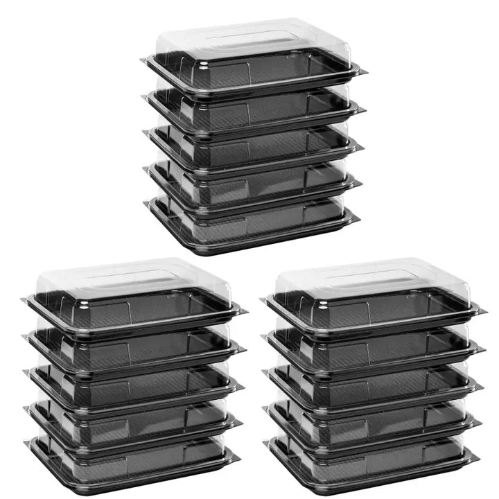 Stacks of food grade Premium Small Sandwich Platter Bases with clear lids