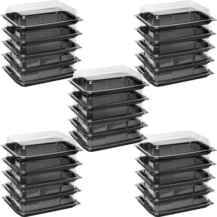 Stacks of premium small food grade sandwich platter bases with clear lids for easy serving