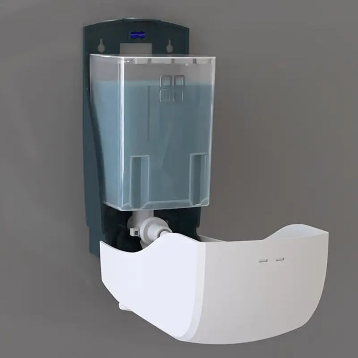 Wall-mounted soap dispenser with blue liquid reservoir from Deli Supplies UK