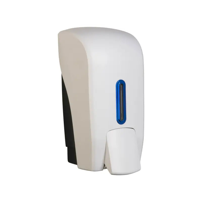 Wall-mounted soap or sanitizer dispenser with a white plastic body and blue level indicator.