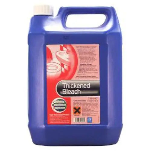 Blue plastic container of Thick Bleach for powerful stain removing solutions