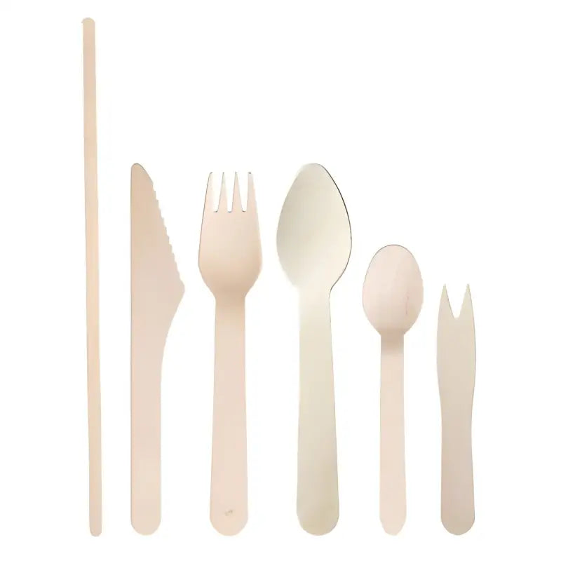 Set of Wooden Birchwood Cutlery including knife, fork, spoon, and chopsticks