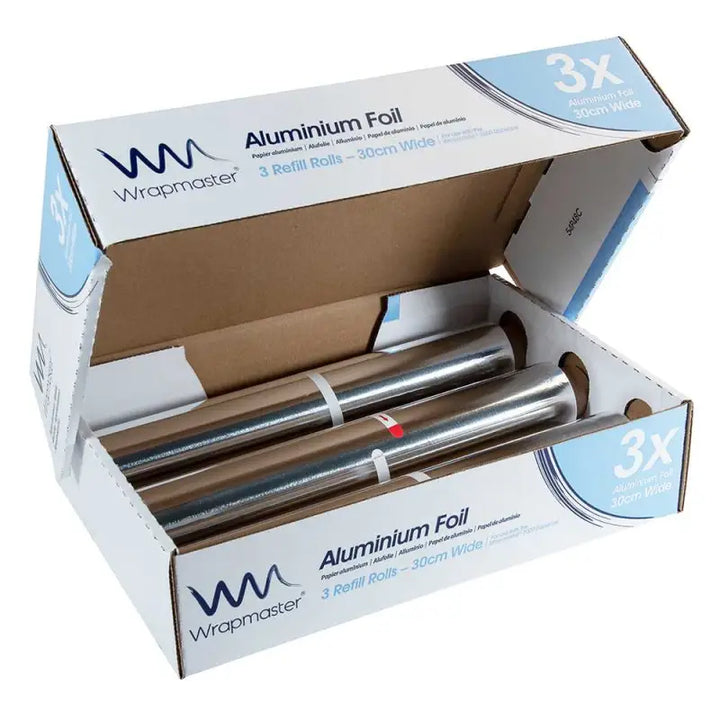 Box of Wrapmaster 3000 Aluminium Foil 24C54 refill rolls 30cm x 90m displayed