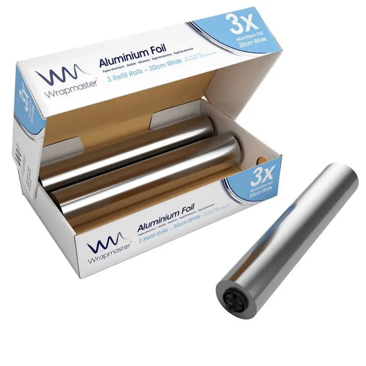 Aluminium Foil 24C54 rolls in a box with one roll displayed from Wrapmaster 3000