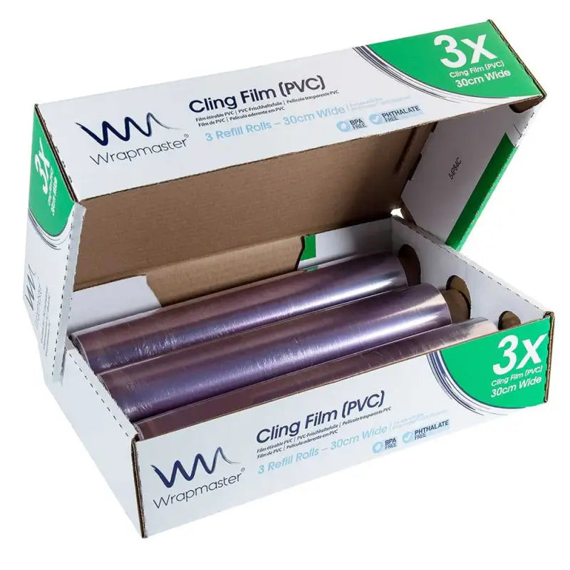 Box of Wrapmaster 3000 Cling Film PVC 30cm x 300m with visible high cling rolls inside