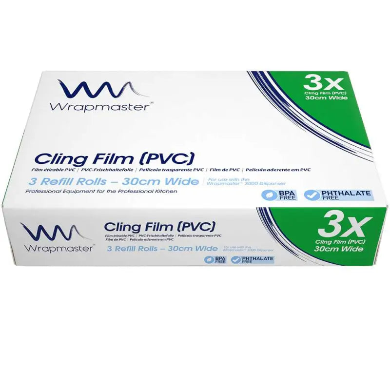 Wrapmaster Cling Film PVC refill box containing 3 high cling 30cm x 300m rolls