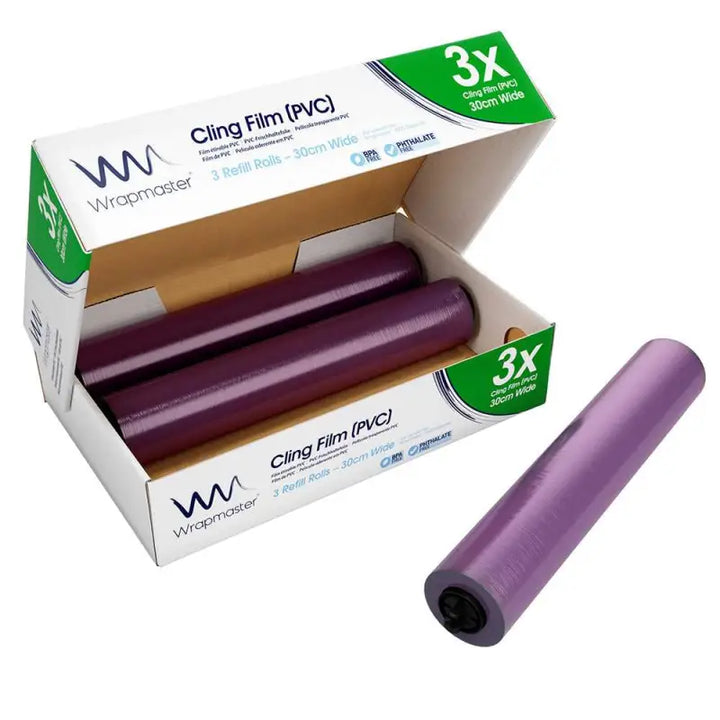 Purple cling film roll in packaging for Wrapmaster 3000 refill 30cm x 300m