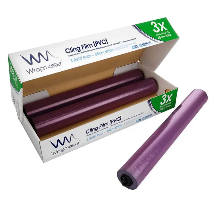 Purple cling film roll and product box of Wrapmaster 4500 Refill 45cm x 300m