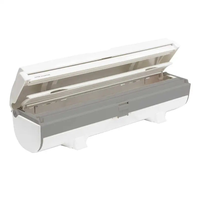 Plastic wrap dispenser with hinged lid and cutting edge for Wrapmaster Compact Dispenser 63M15